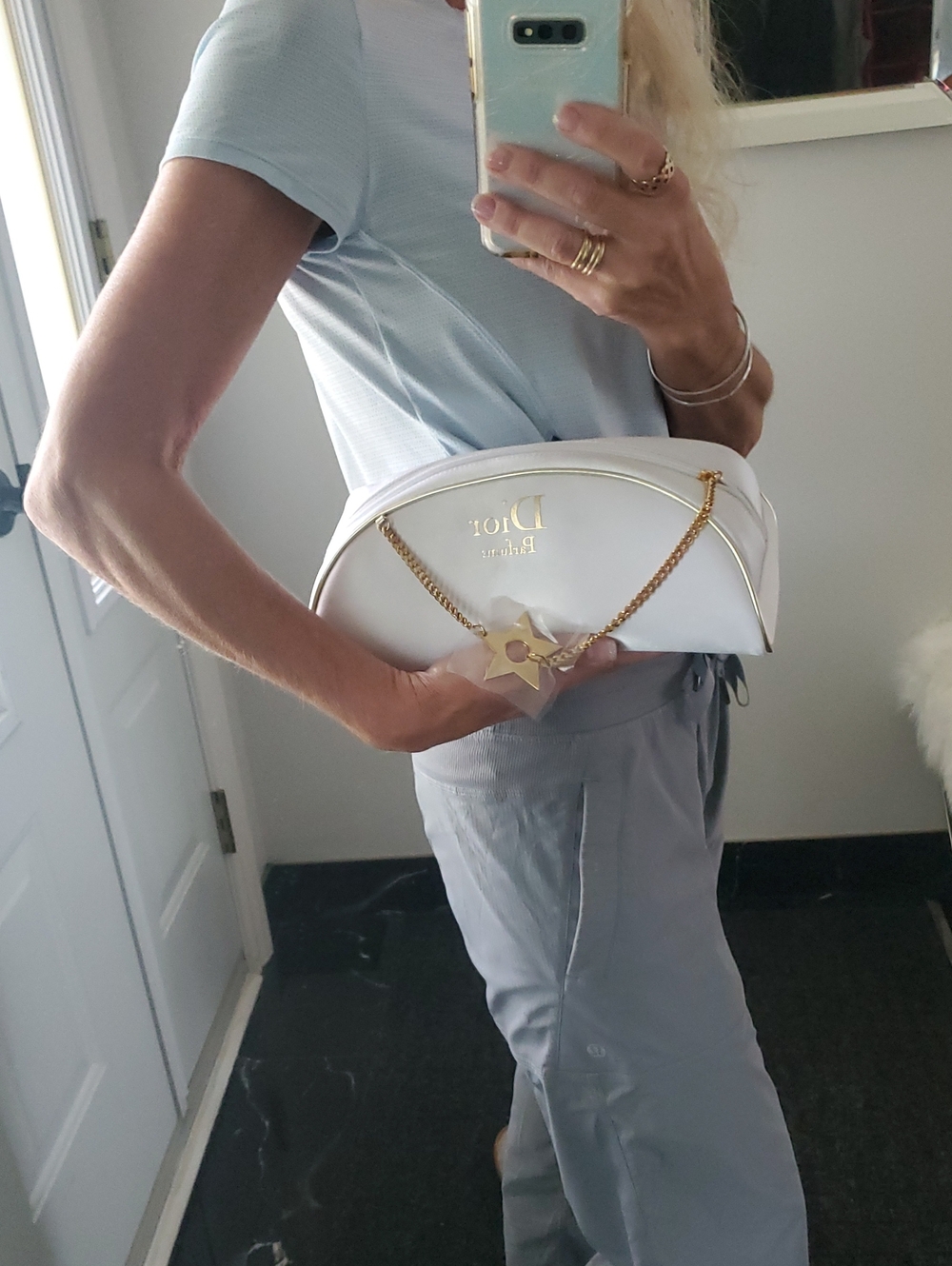 Dior White Satin Zip Cosmetic Pouch Bag with Gold Chain